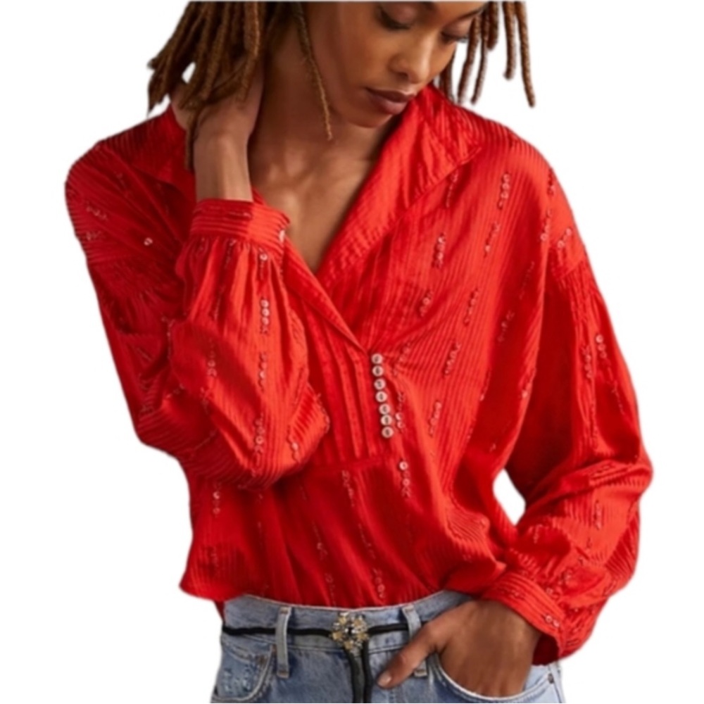 Anthropologie Pilcro beaded red blouse Sz L